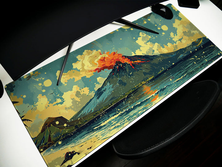 Tropic Eruption, Desk Pad, Mouse Pad, Desk Mat, Volcanic Majesty, Island Adventure, Dynamic Landscape