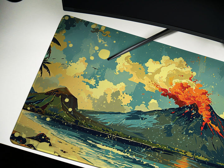 Tropic Eruption, Desk Pad, Mouse Pad, Desk Mat, Volcanic Majesty, Island Adventure, Dynamic Landscape