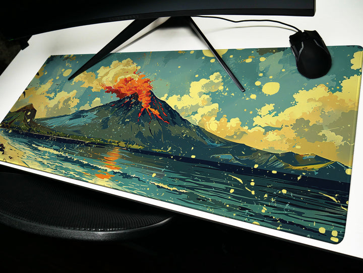 Tropic Eruption, Desk Pad, Mouse Pad, Desk Mat, Volcanic Majesty, Island Adventure, Dynamic Landscape