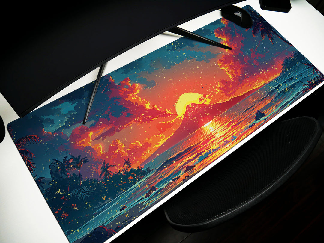 Sunset Serenade, Desk Pad, Mouse Pad, Desk Mat, Volcanic Serenity, Tropical Dusk, Ocean Reflection