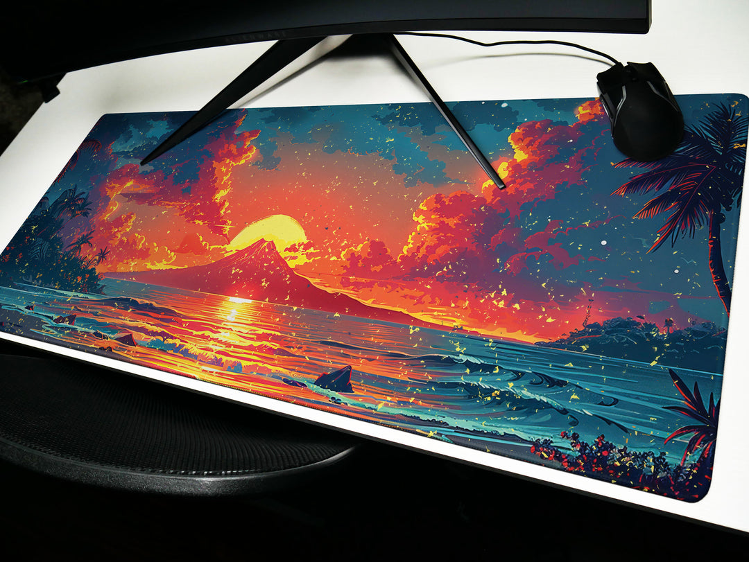 Sunset Serenade, Desk Pad, Mouse Pad, Desk Mat, Volcanic Serenity, Tropical Dusk, Ocean Reflection