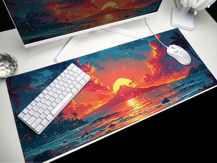 Sunset Serenade, Desk Pad, Mouse Pad, Desk Mat, Volcanic Serenity, Tropical Dusk, Ocean Reflection