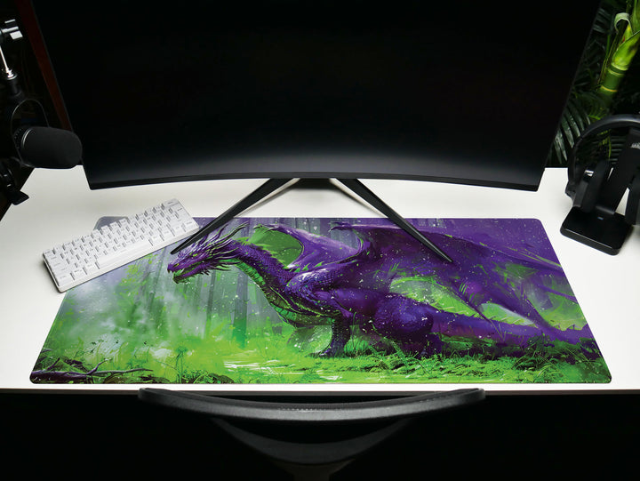 Majestic Mythos Design 5, Desk Pad, Violet Vanguard, Enchanted Forest Ambiance, Mystical Dragon Realm