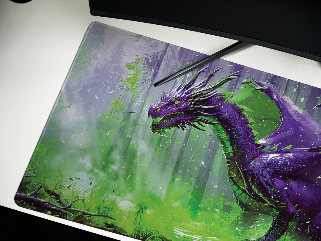 Majestic Mythos Design 5, Desk Pad, Violet Vanguard, Enchanted Forest Ambiance, Mystical Dragon Realm