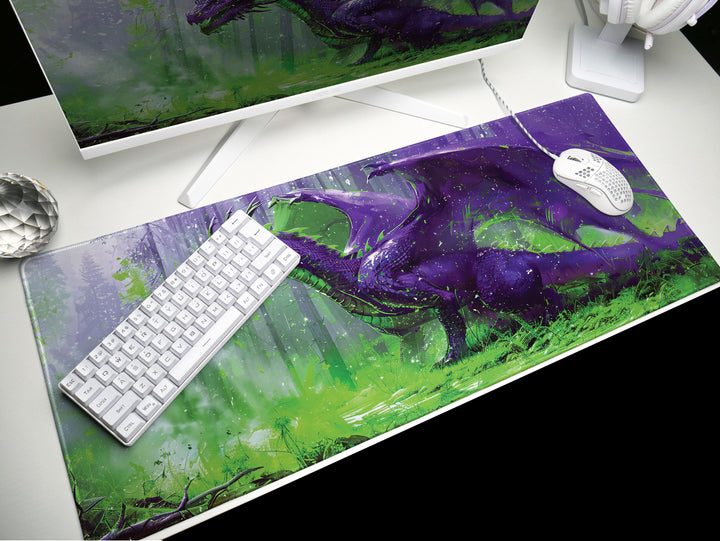 Majestic Mythos Design 5, Desk Pad, Violet Vanguard, Enchanted Forest Ambiance, Mystical Dragon Realm