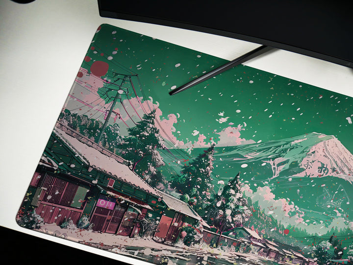 Serene Landscapes Design 1, Desk Pad, Mesmerizing Mount Fuji View, Cherry Blossom Dreamscape