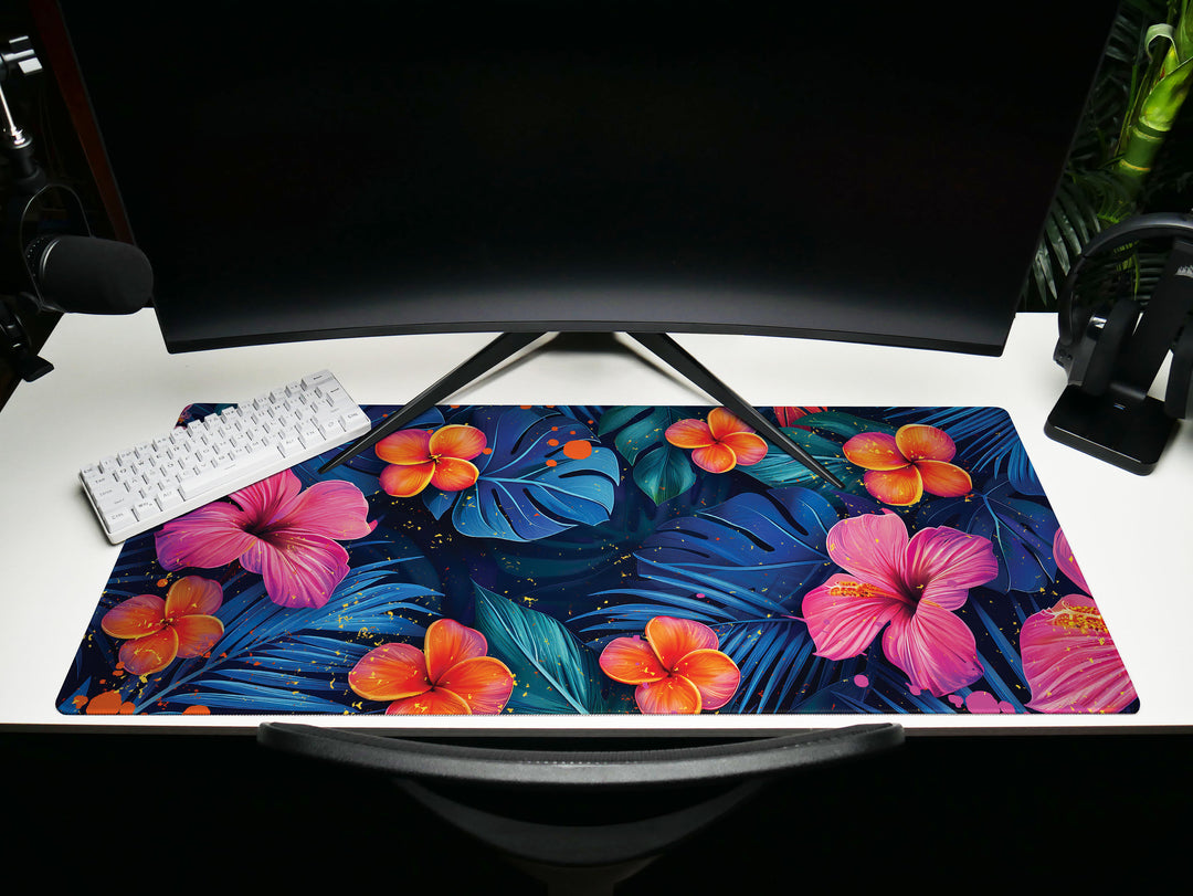 Tropical Escape Design 4, Desk Pad, Majestic Midnight Blooms, Vibrant Office Decor, Floral Desk Mat