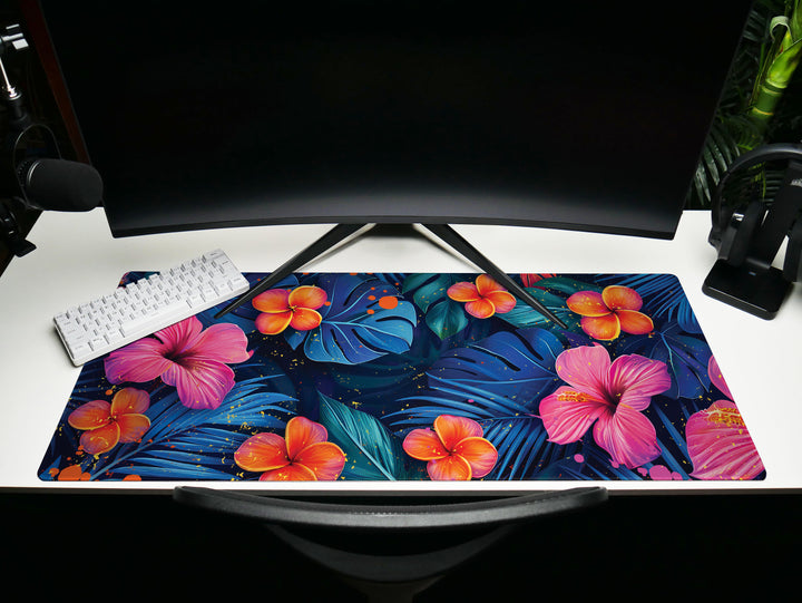 Tropical Escape Design 4, Desk Pad, Majestic Midnight Blooms, Vibrant Office Decor, Floral Desk Mat