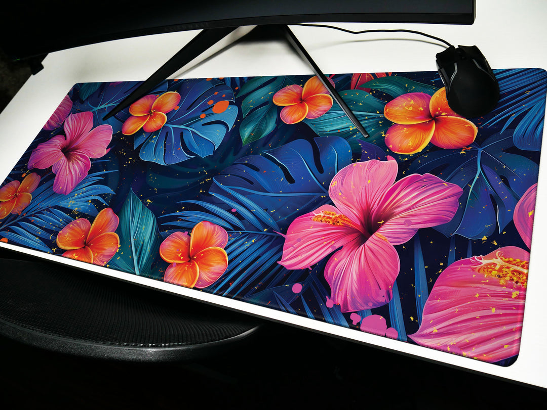 Tropical Escape Design 4, Desk Pad, Majestic Midnight Blooms, Vibrant Office Decor, Floral Desk Mat