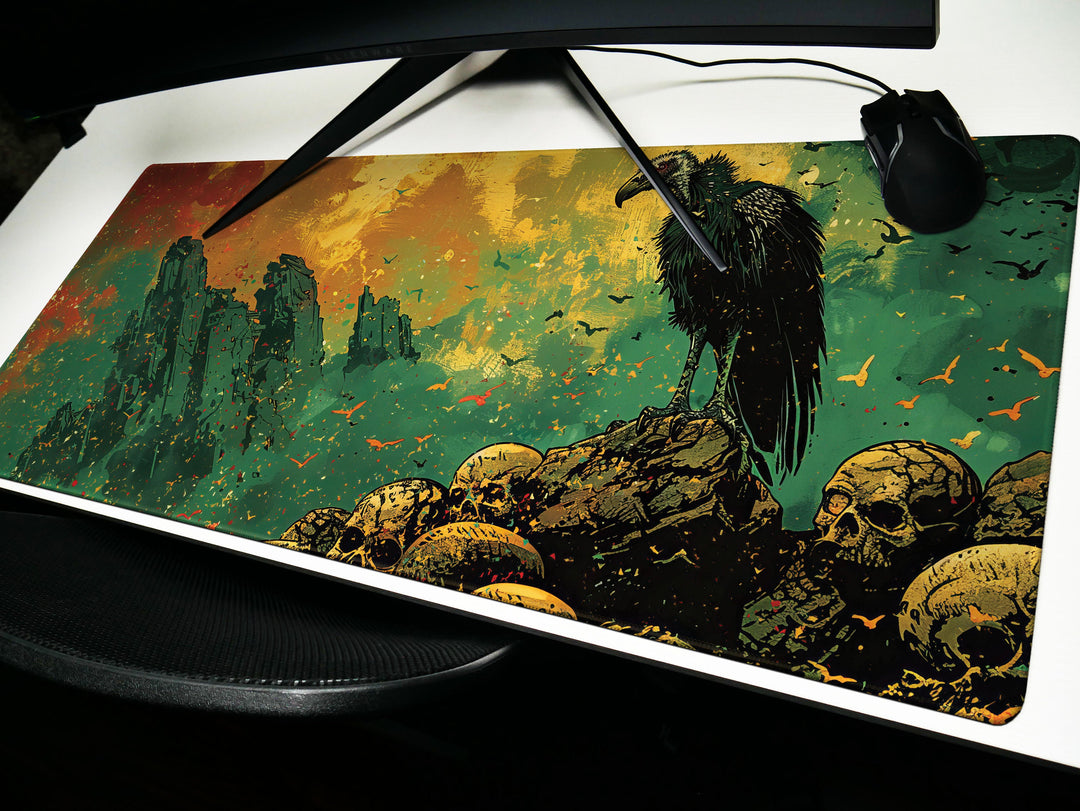 Golden Odyssey Design 2, Desk Pad, Stylized Vulture & Ruins, Artisan Brush Strokes, Mythical Beasts Desk Mat