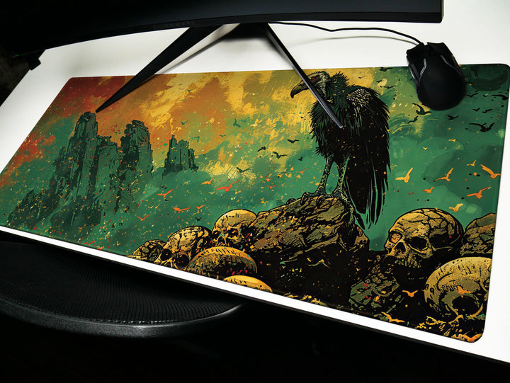 Golden Odyssey Design 2, Desk Pad, Stylized Vulture & Ruins, Artisan Brush Strokes, Mythical Beasts Desk Mat