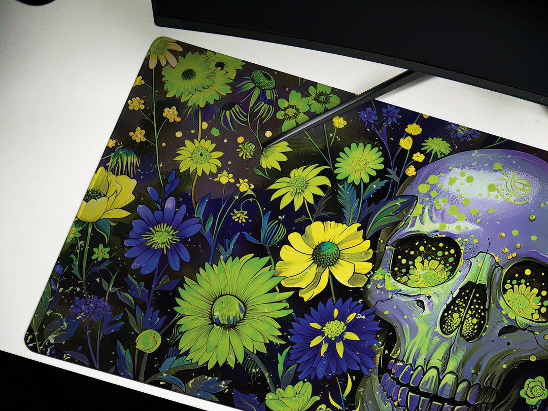 Floral Requiem Design 1, Desk Pad, Mouse Pad, Desk Mat, Lush Blossoms & Skull, Nature Meets Mystic, Vibrant Office Decor