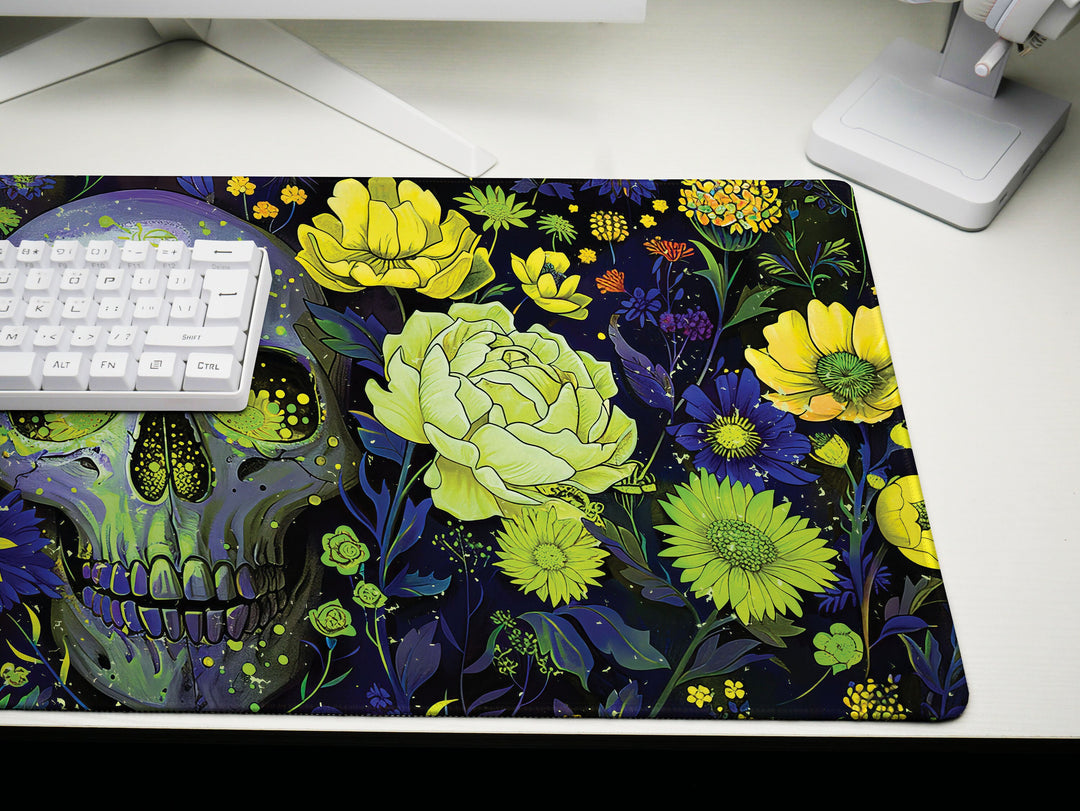 Floral Requiem Design 1, Desk Pad, Mouse Pad, Desk Mat, Lush Blossoms & Skull, Nature Meets Mystic, Vibrant Office Decor