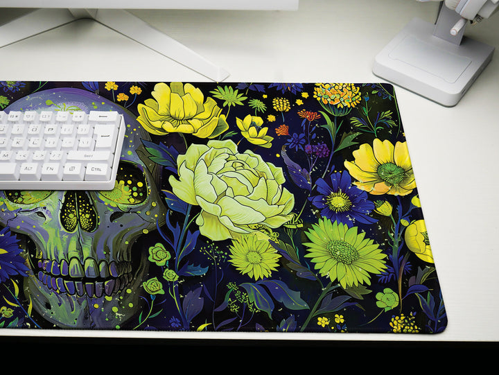 Floral Requiem Design 1, Desk Pad, Mouse Pad, Desk Mat, Lush Blossoms & Skull, Nature Meets Mystic, Vibrant Office Decor