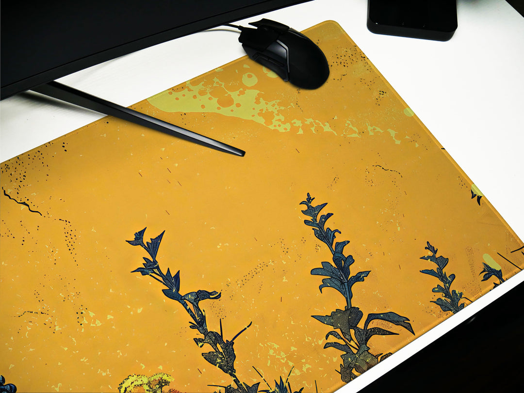 Floral Requiem Design 5, Desk Pad, Mouse Pad, Desk Mat, Golden Contemplation, Solemn Reflection, Radiant Workspace