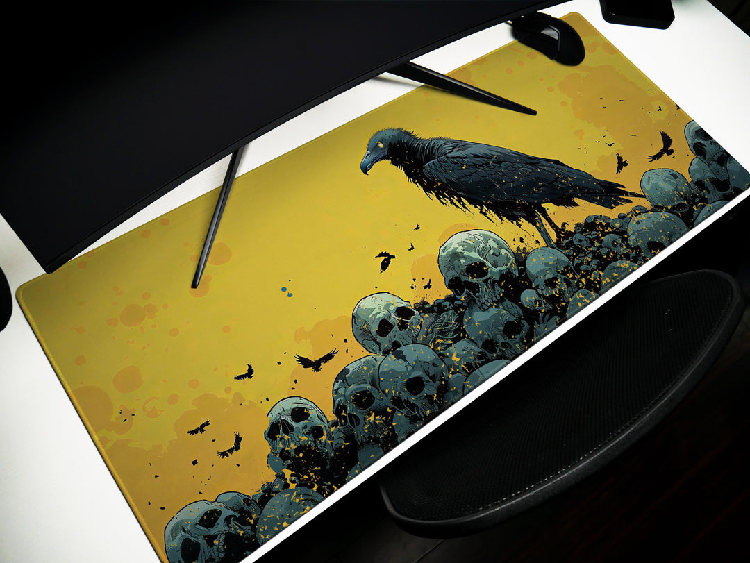 Solar Sovereign Design 4, Desk Pad, Commanding Vulture Silhouette, Sunlit Skull Field, Mythical Beasts Desk Mat