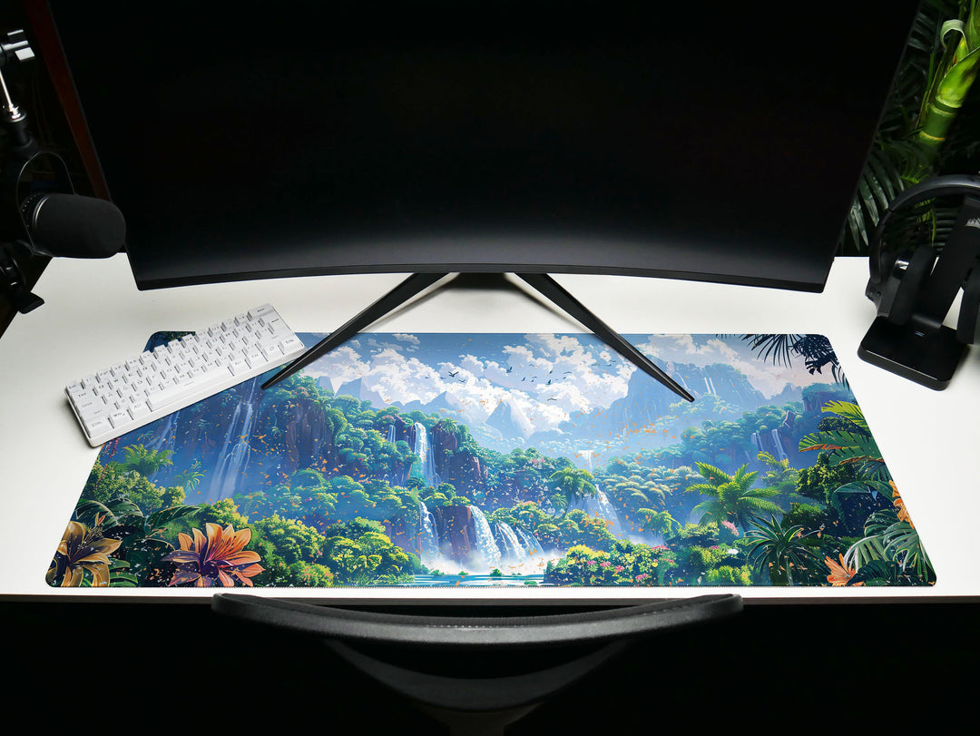 Paradise Falls Design 1, Desk Pad, Wide Mouse Pad, Lush Rainforest Scene, Cascading Waterfalls, Exotic Blooms