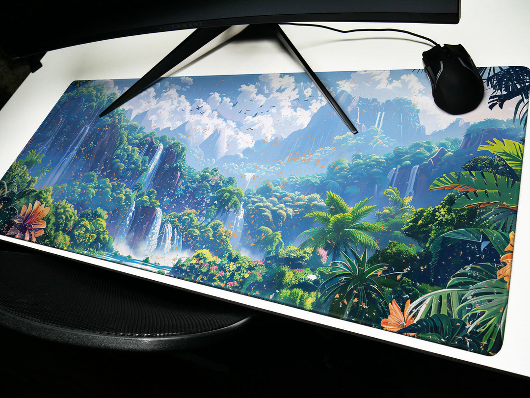 Paradise Falls Design 1, Desk Pad, Wide Mouse Pad, Lush Rainforest Scene, Cascading Waterfalls, Exotic Blooms