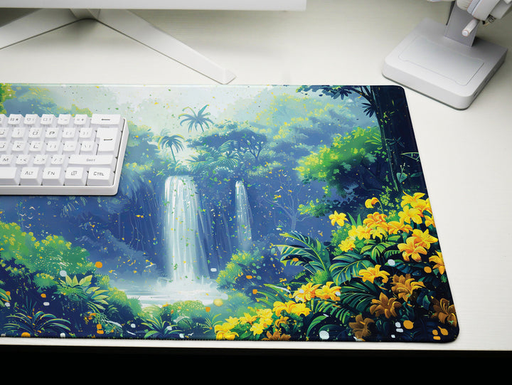 Paradise Falls Design 2, Desk Pad, Wide Mouse Pad, Enchanted Jungle Vista, Luminous Waterfall, Golden Blooms