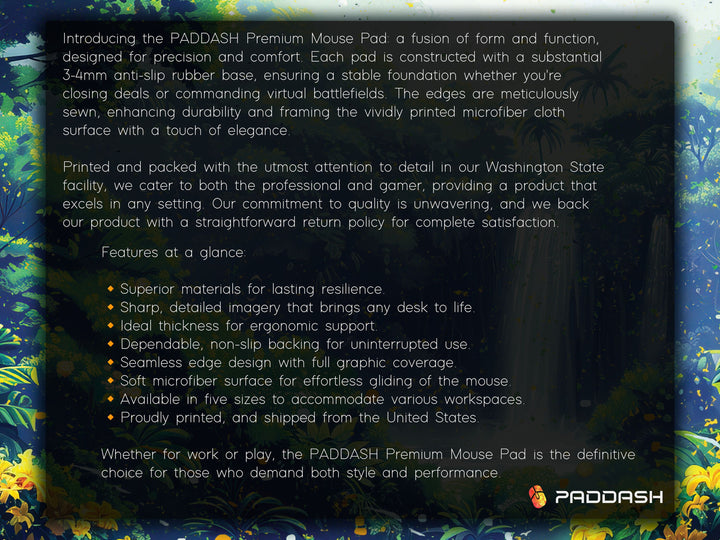 Paradise Falls Design 2, Desk Pad, Wide Mouse Pad, Enchanted Jungle Vista, Luminous Waterfall, Golden Blooms
