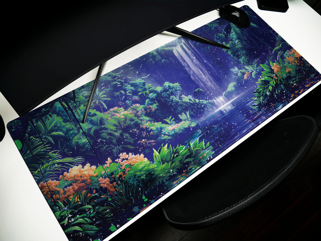 Paradise Falls Design 3, Desk Pad, Wide Mouse Pad, Twilight Jungle Ambiance, Serene Waterfall, Floral Harmony