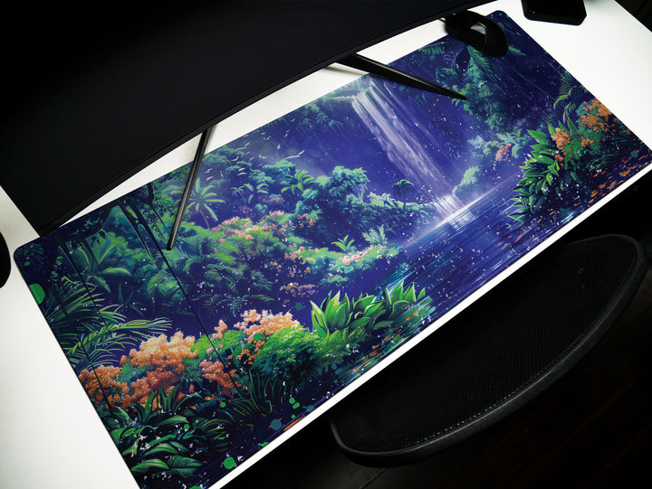 Paradise Falls Design 3, Desk Pad, Wide Mouse Pad, Twilight Jungle Ambiance, Serene Waterfall, Floral Harmony