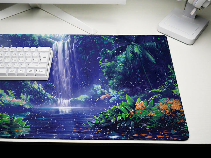 Paradise Falls Design 3, Desk Pad, Wide Mouse Pad, Twilight Jungle Ambiance, Serene Waterfall, Floral Harmony