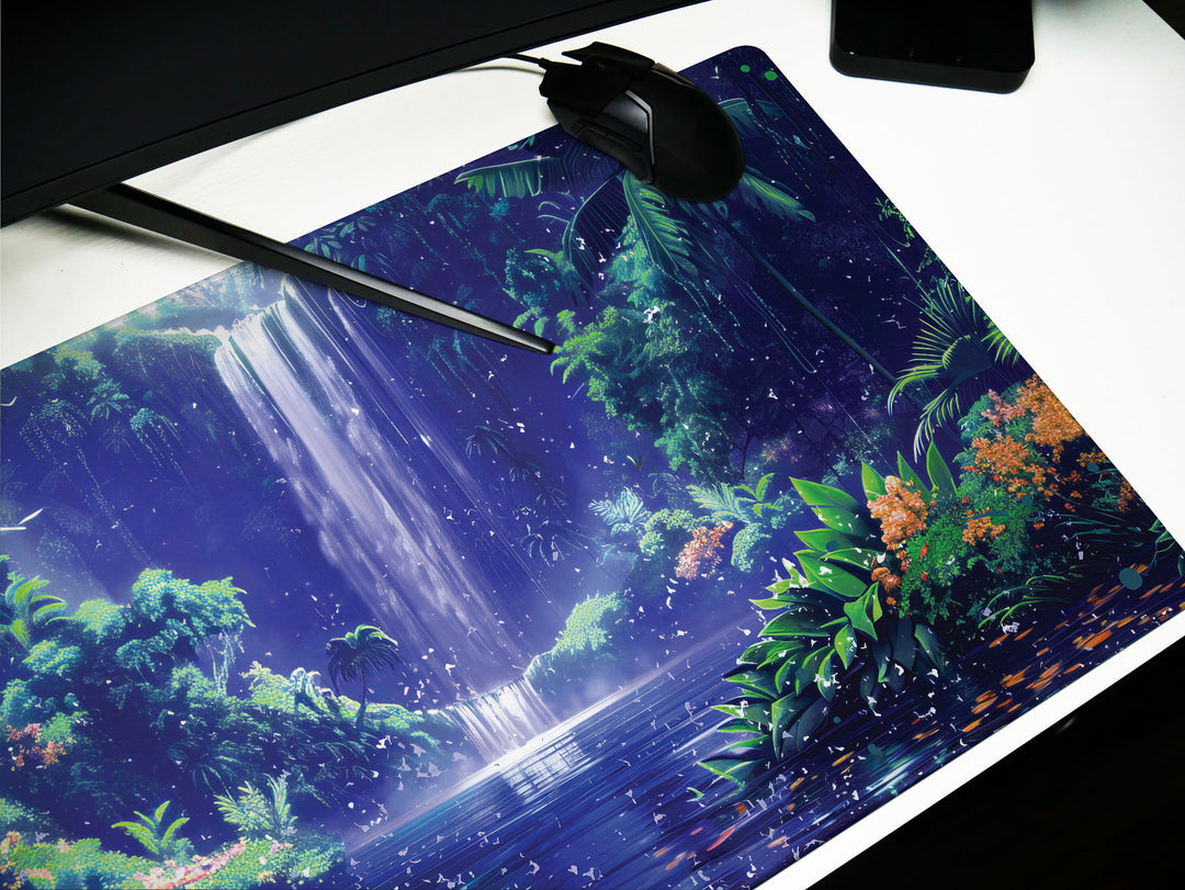 Paradise Falls Design 3, Desk Pad, Wide Mouse Pad, Twilight Jungle Ambiance, Serene Waterfall, Floral Harmony