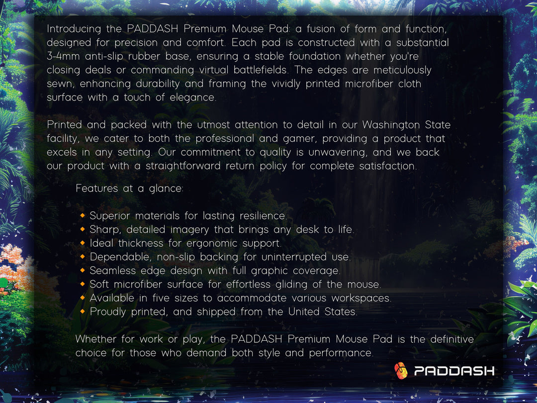 Paradise Falls Design 3, Desk Pad, Wide Mouse Pad, Twilight Jungle Ambiance, Serene Waterfall, Floral Harmony