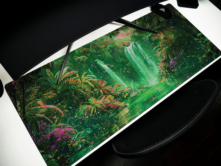 Paradise Falls Design 4, Desk Pad, Wide Mouse Pad, Radiant Jungle Falls, Emerald Glow, Blossom Spectacle
