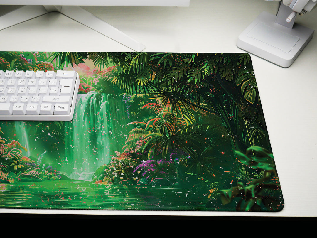 Paradise Falls Design 4, Desk Pad, Wide Mouse Pad, Radiant Jungle Falls, Emerald Glow, Blossom Spectacle