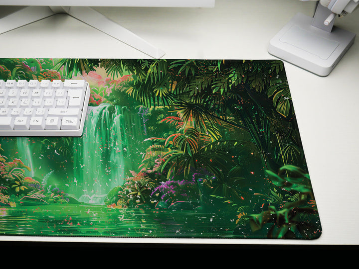 Paradise Falls Design 4, Desk Pad, Wide Mouse Pad, Radiant Jungle Falls, Emerald Glow, Blossom Spectacle