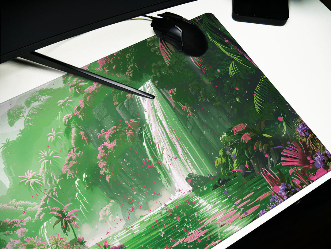 Paradise Falls Design 5, Desk Pad, Wide Mouse Pad, Misty Waterfall Garden, Pink Dawn, Verdant Canopy