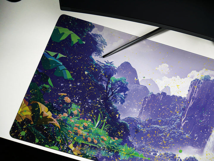 Paradise Falls Design 6, Desk Pad, Wide Mouse Pad, Majestic Falls Canopy, Twilight Bloom, Exotic Retreat