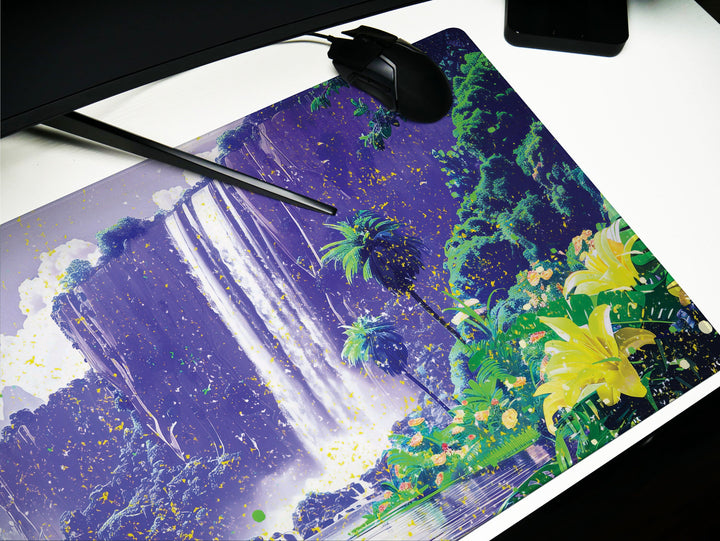 Paradise Falls Design 6, Desk Pad, Wide Mouse Pad, Majestic Falls Canopy, Twilight Bloom, Exotic Retreat