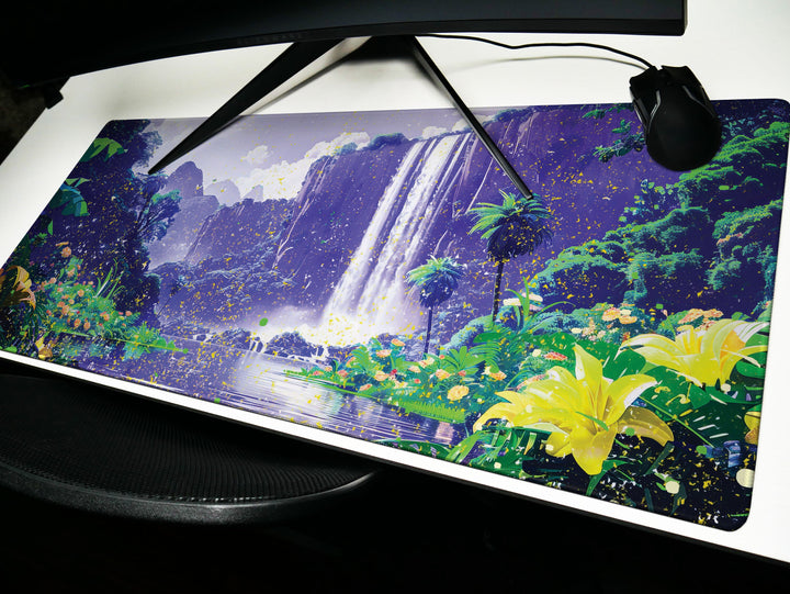 Paradise Falls Design 6, Desk Pad, Wide Mouse Pad, Majestic Falls Canopy, Twilight Bloom, Exotic Retreat
