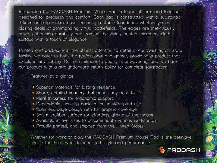 Paradise Falls Design 6, Desk Pad, Wide Mouse Pad, Majestic Falls Canopy, Twilight Bloom, Exotic Retreat