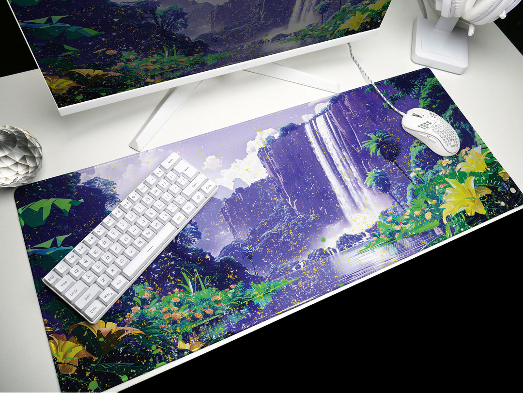 Paradise Falls Design 6, Desk Pad, Wide Mouse Pad, Majestic Falls Canopy, Twilight Bloom, Exotic Retreat