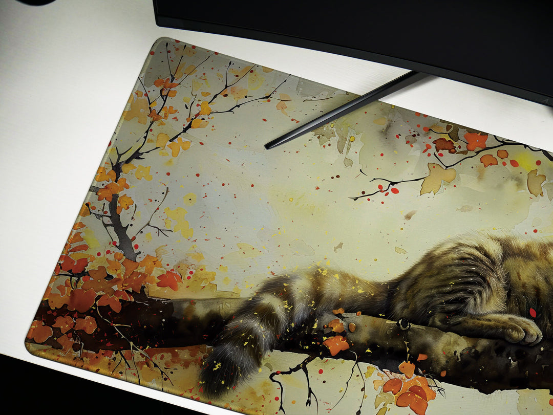 Autumn Slumber Design 1, Desk Pad, Mouse Pad, Desk Mat, Tranquil Feline, Seasonal Harmony, Artistic Elegance