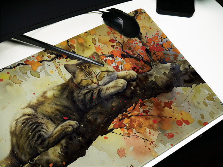 Autumn Slumber Design 1, Desk Pad, Mouse Pad, Desk Mat, Tranquil Feline, Seasonal Harmony, Artistic Elegance