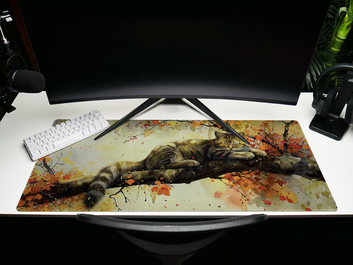 Autumn Slumber Design 1, Desk Pad, Mouse Pad, Desk Mat, Tranquil Feline, Seasonal Harmony, Artistic Elegance