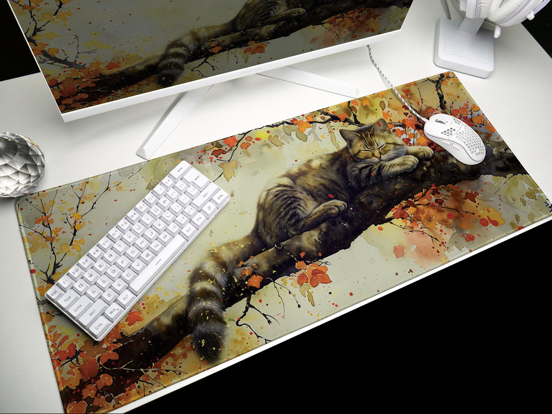 Autumn Slumber Design 1, Desk Pad, Mouse Pad, Desk Mat, Tranquil Feline, Seasonal Harmony, Artistic Elegance