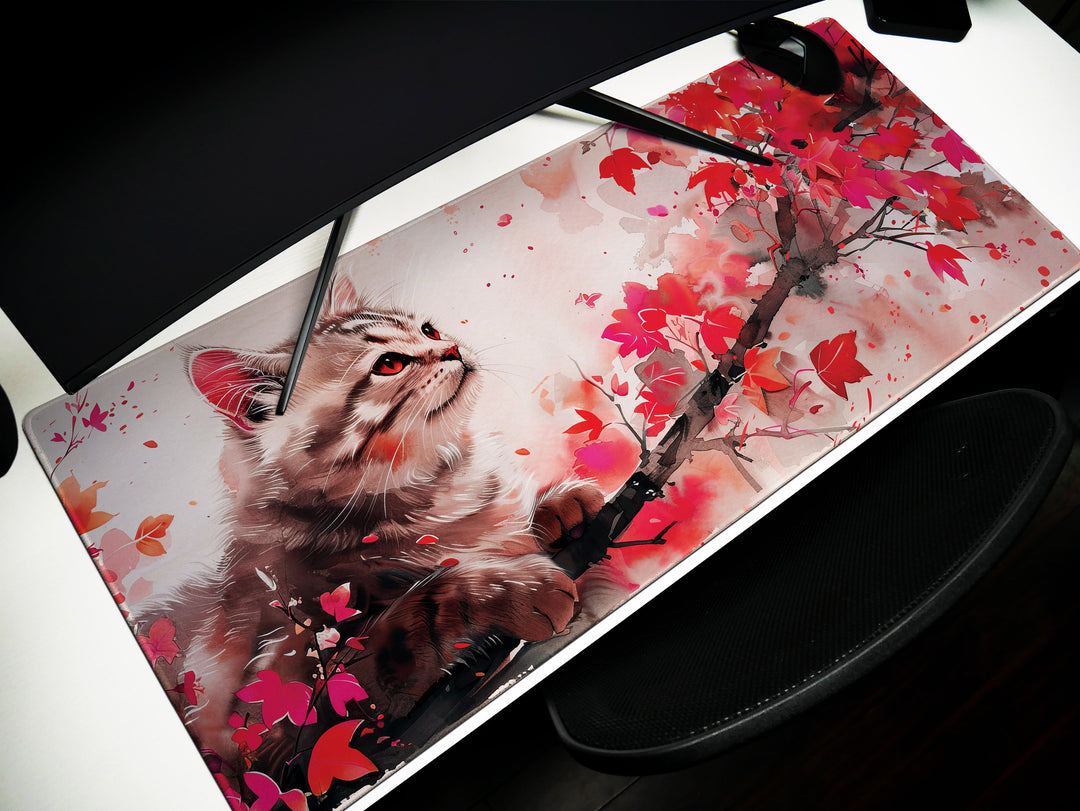 Autumn Slumber Design 2, Desk Pad, Mouse Pad, Desk Mat, Crimson Whispers, Feline Grace, Nature's Muse