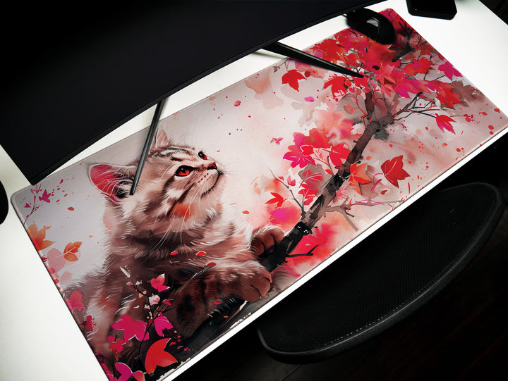 Autumn Slumber Design 2, Desk Pad, Mouse Pad, Desk Mat, Crimson Whispers, Feline Grace, Nature's Muse