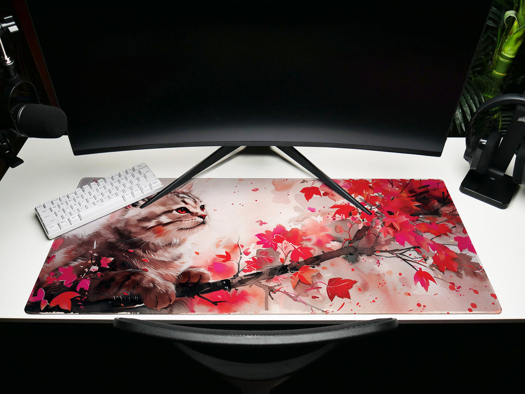 Autumn Slumber Design 2, Desk Pad, Mouse Pad, Desk Mat, Crimson Whispers, Feline Grace, Nature's Muse
