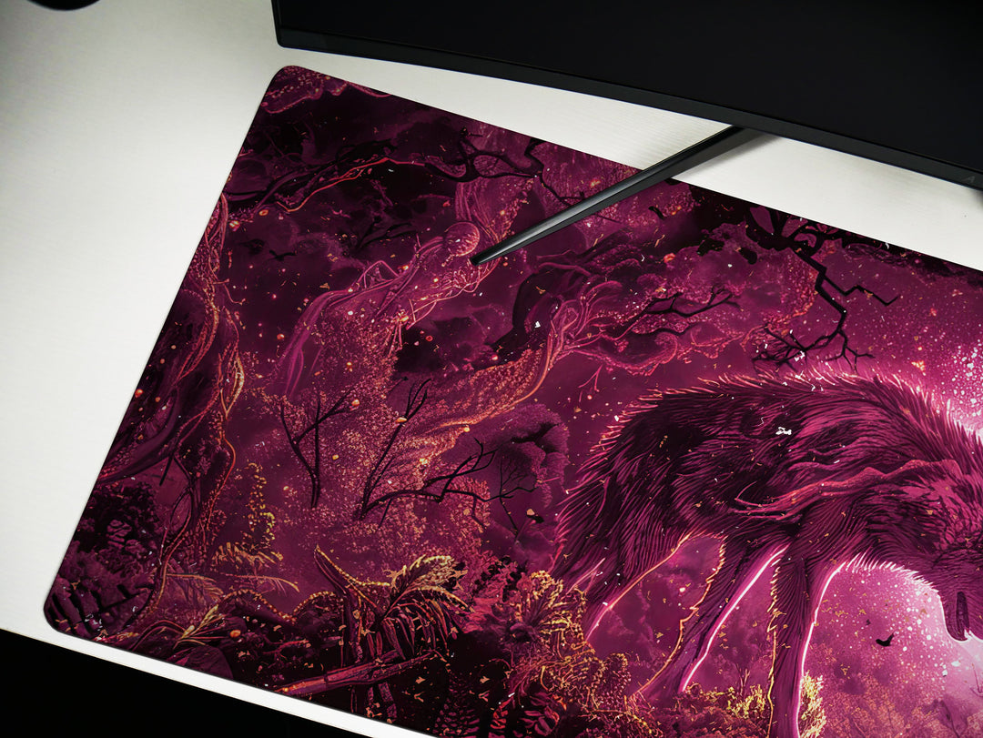 Dream Weaver Design 2, Desk Pad, Mouse Pad, Desk Mat, Mystical Forest, Moonlit Silhouette, Enchanted Wilderness, Majestic Beast