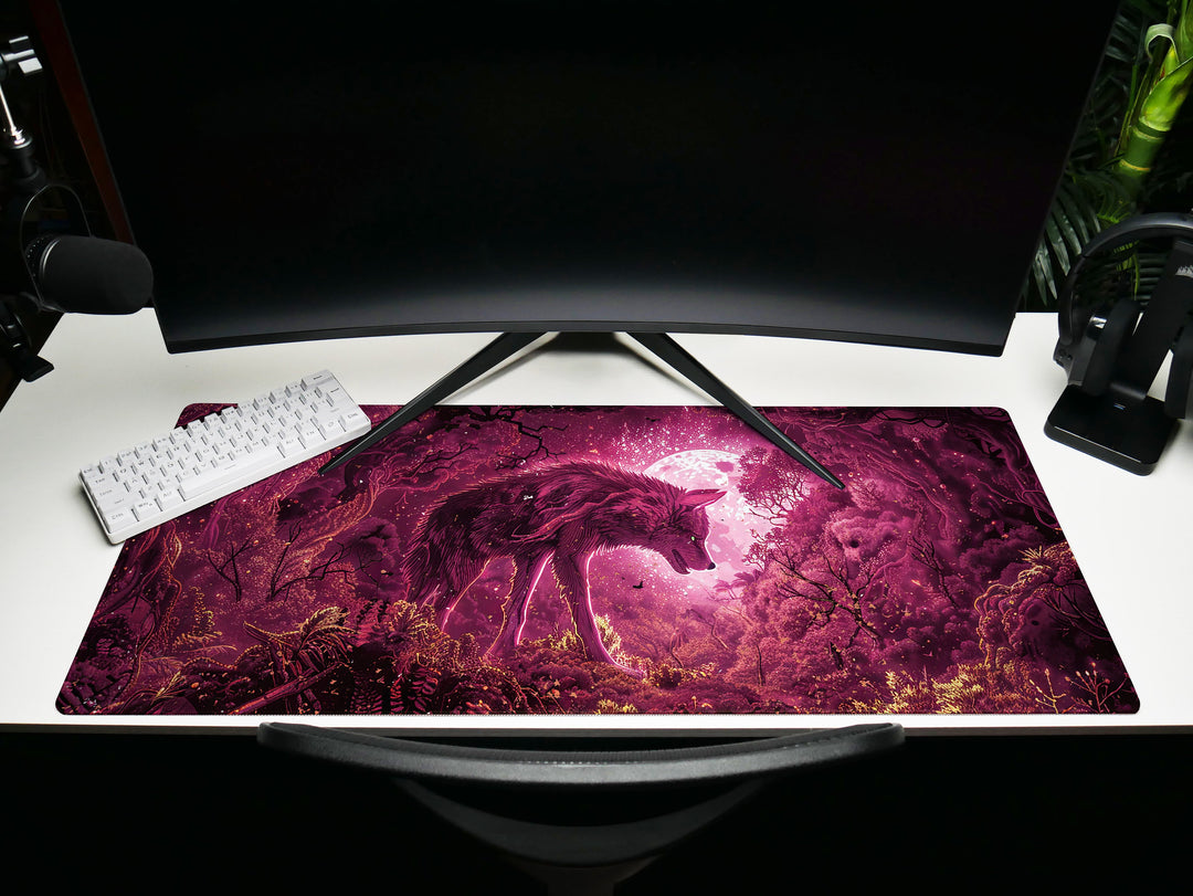Dream Weaver Design 2, Desk Pad, Mouse Pad, Desk Mat, Mystical Forest, Moonlit Silhouette, Enchanted Wilderness, Majestic Beast