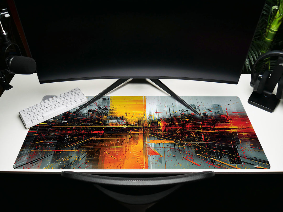 Urban Velocity Design 1, Desk Pad, Mouse Pad, Desk Mat, Dynamic Cityscape, High-Speed Aesthetic, Vivid Work Accessory