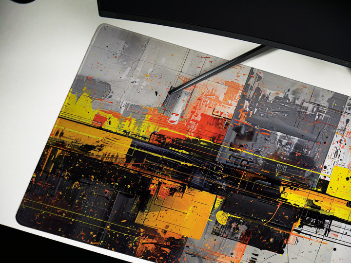 Urban Velocity Design 2, Desk Pad, Mouse Pad, Desk Mat, Abstract Urban Chaos, Splatter Artwork, Vibrant Office Decor