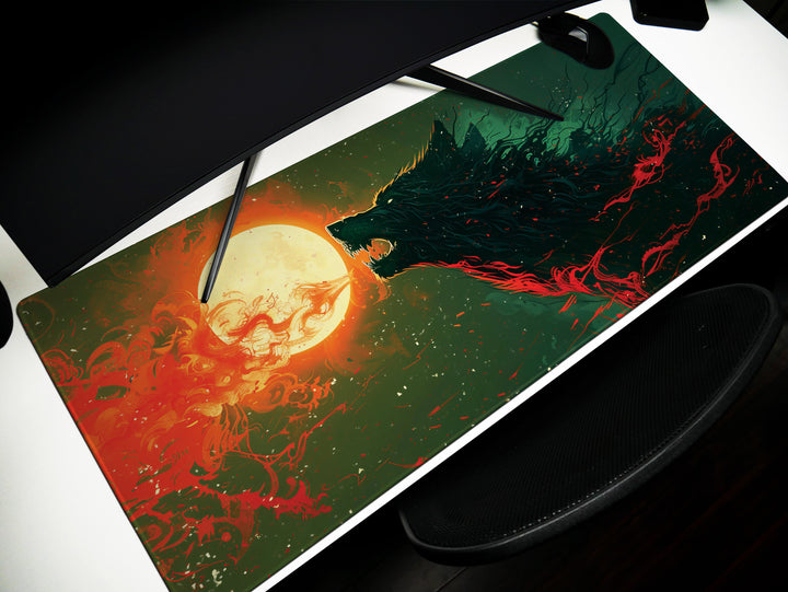 Lunar Howl Design 1, Desk Pad, Wide Mouse Mat, Fiery Night Beast, Mystical Moonlit Sky, Artistic Inferno